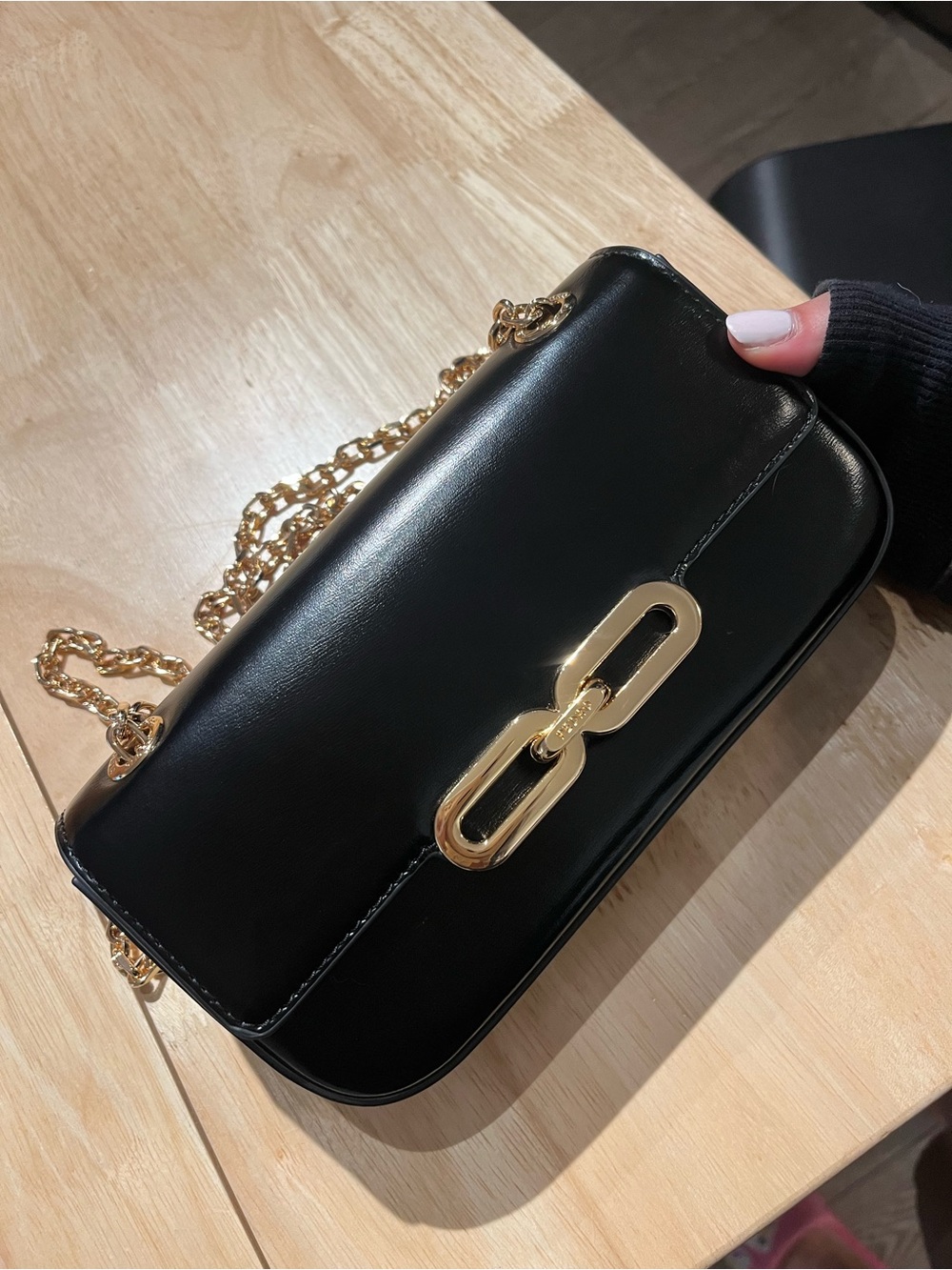 Black Leather Chain Shoulder Bag with Gold Hardware